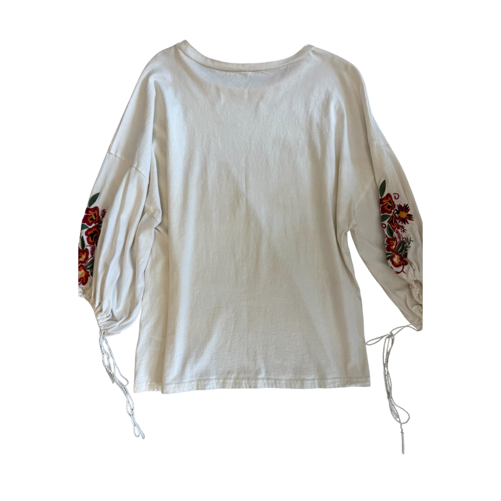 Cotton Bleu White Embroidered Floral Sleeve Top Size Small - RF