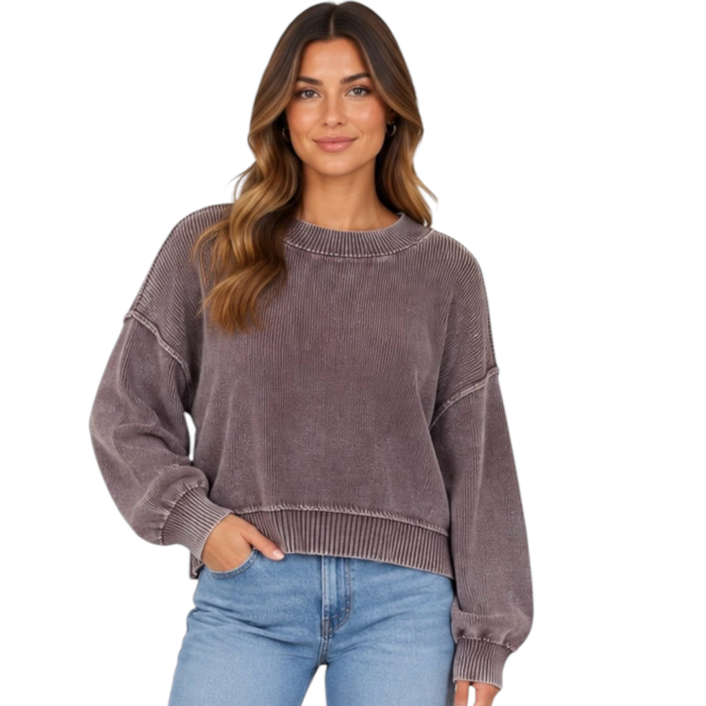 Plum Washed Mock Neck Long Sleeve Knit Pullover Sweater
