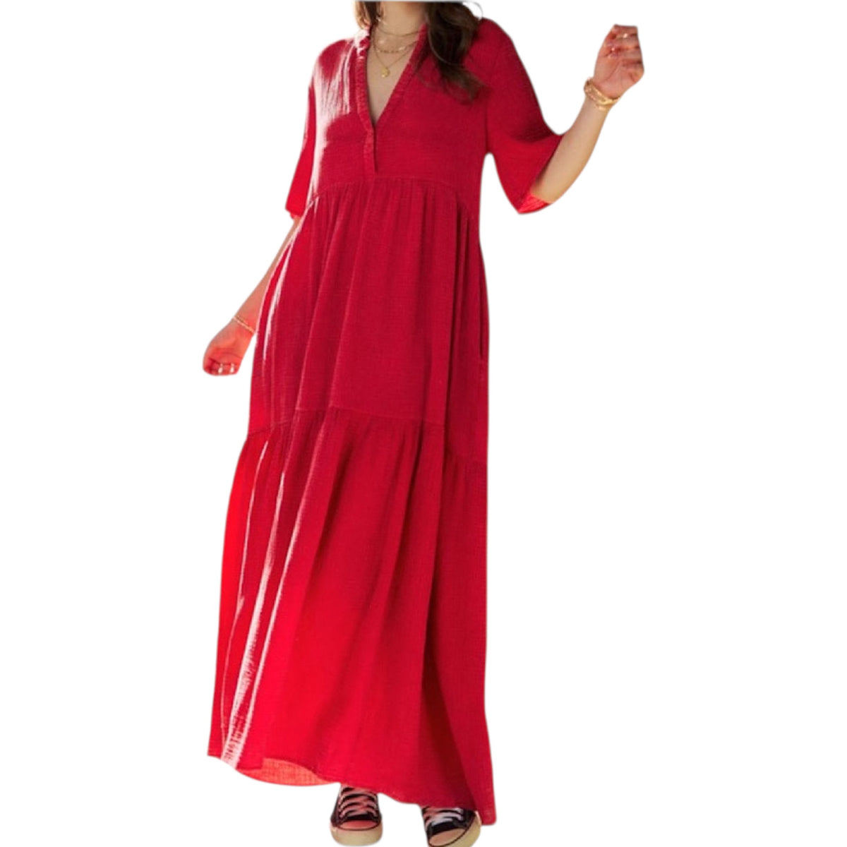Cherry Red Garment Washed Flowy Short Sleeve Maxi Dress