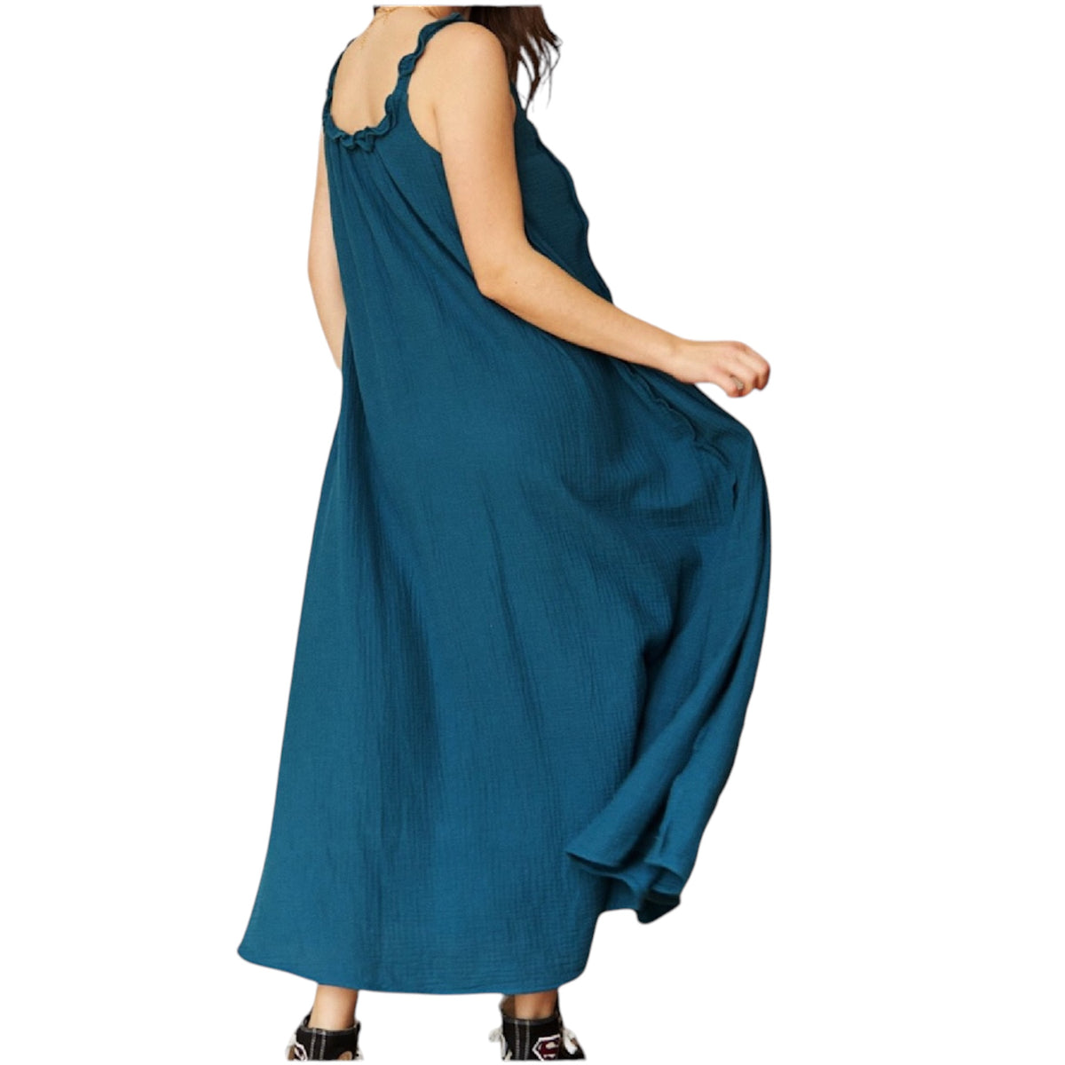 Teal Green Reverse Seam Ruffle Detail Midi Dress