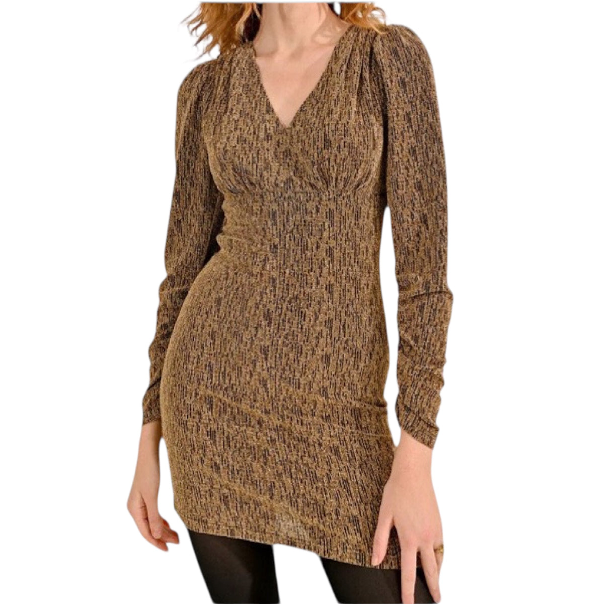 Gold V Neck Fitted Lurex Gathered Sleeve Mini Dress S