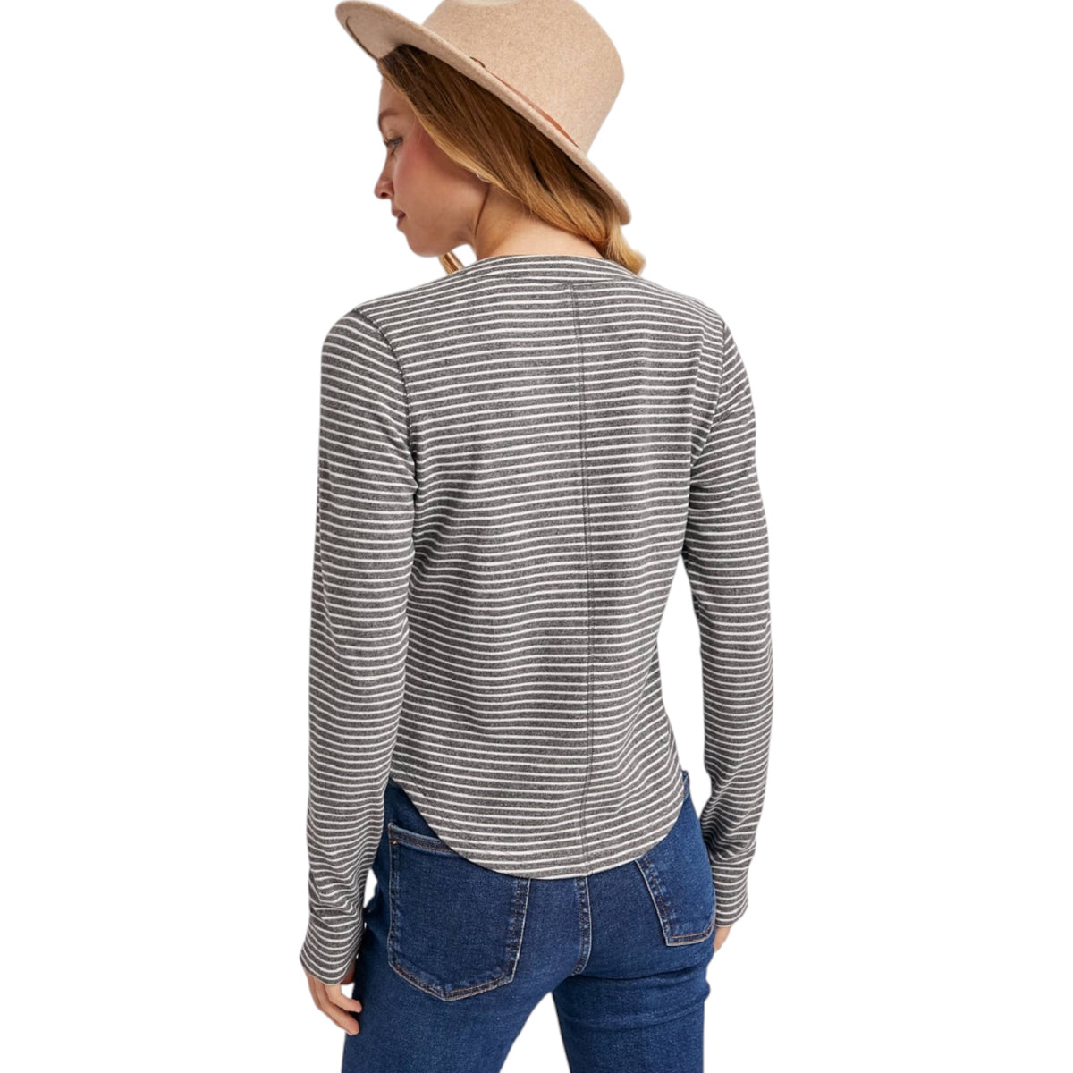 Grey Striped Henley Knit Top