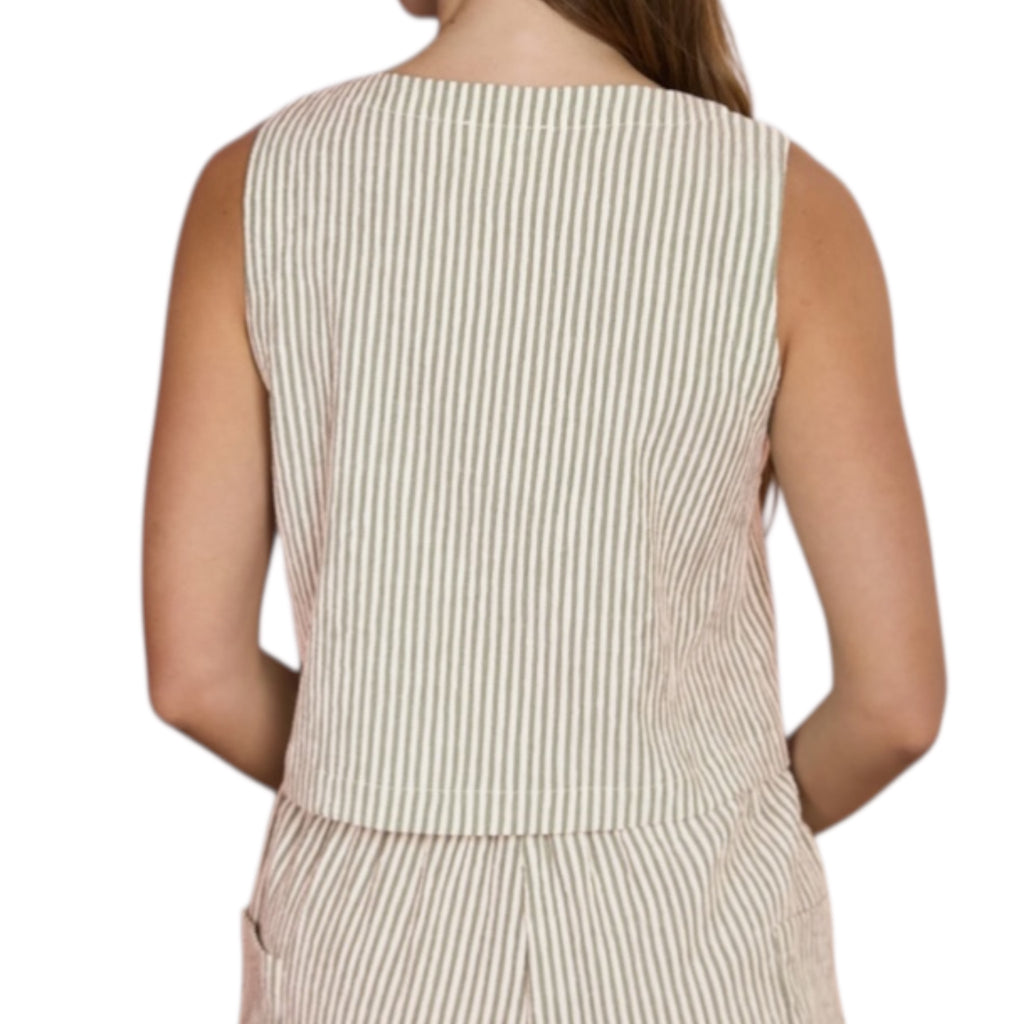 Mocha Stripe Sleeveless Button Down Top