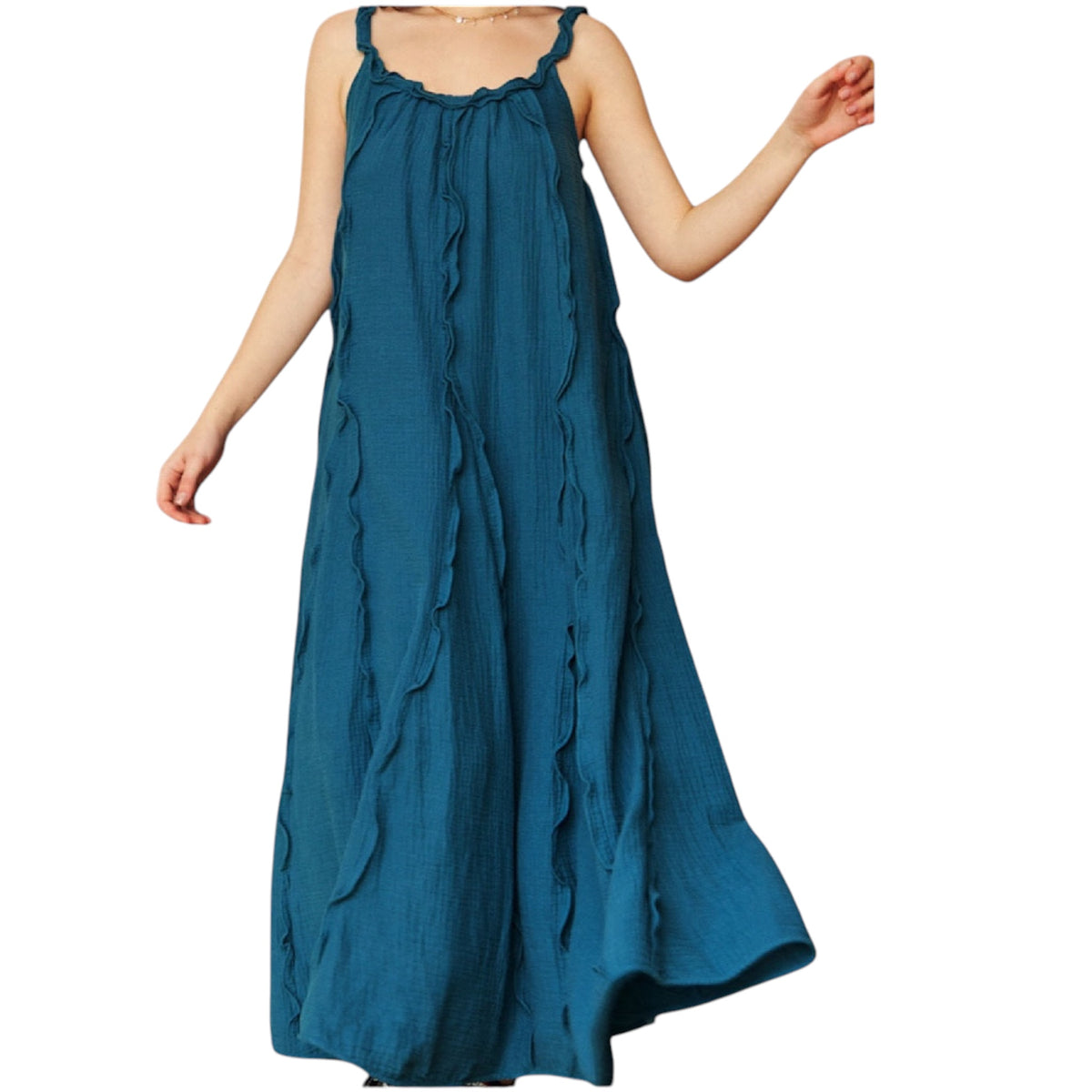 Teal Green Reverse Seam Ruffle Detail Midi Dress