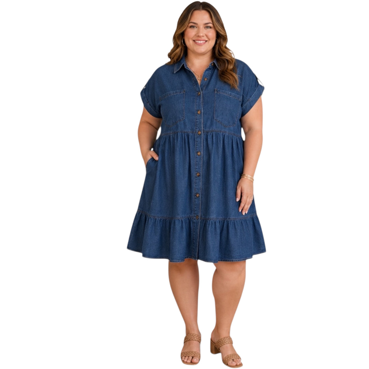 Plus Dark Chambray Collared Mini Shirt Dress
