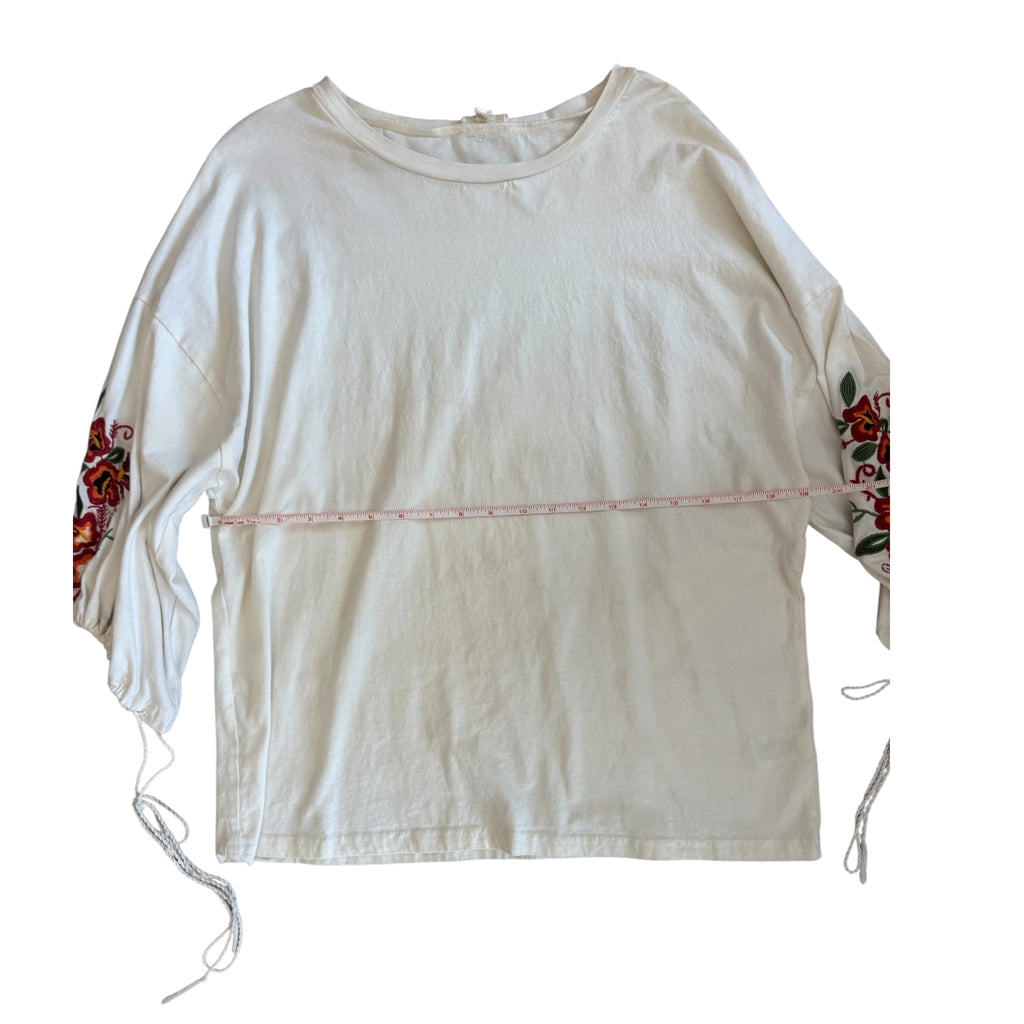 Cotton Bleu White Embroidered Floral Sleeve Top Size Small - RF