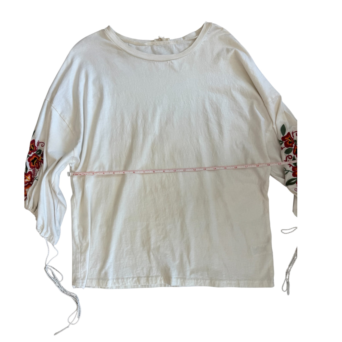 Cotton Bleu White Embroidered Floral Sleeve Top Size Small - RF