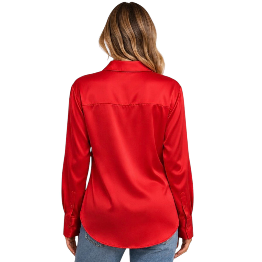 Red Silky Satin Button-Down Blouse