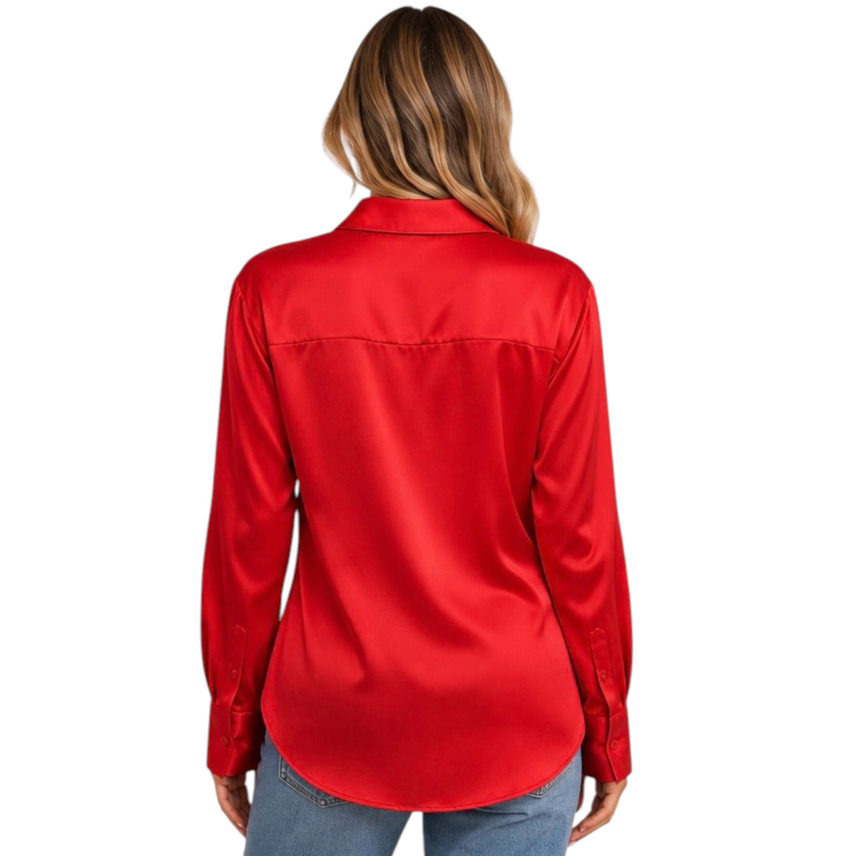 Red Silky Satin Button-Down Blouse