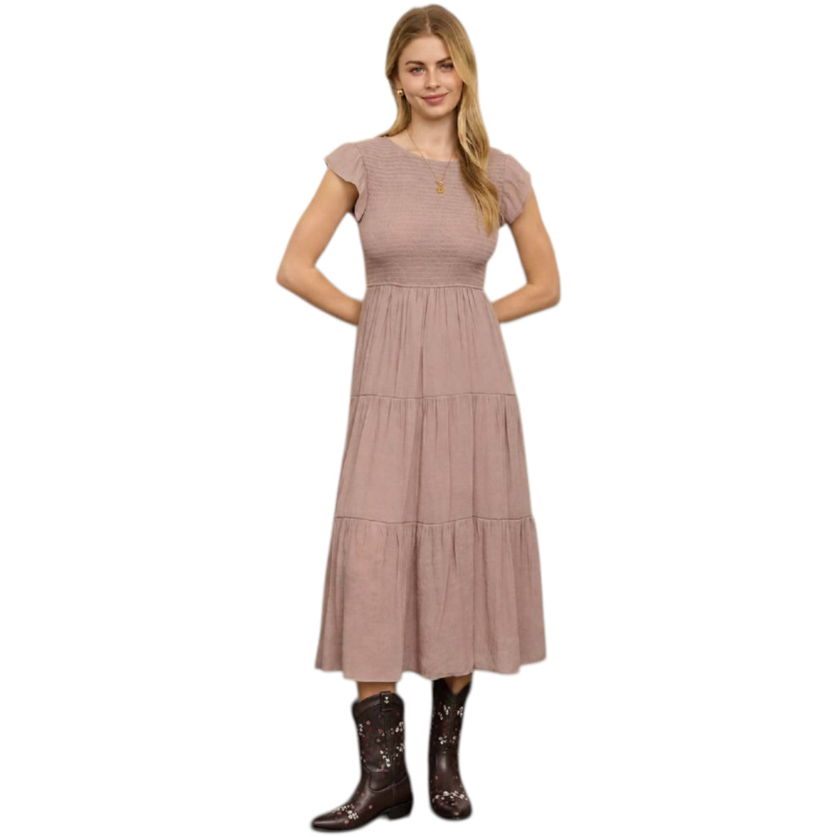 Taupe Tiered Smocked Short Sleeve Midi Dress