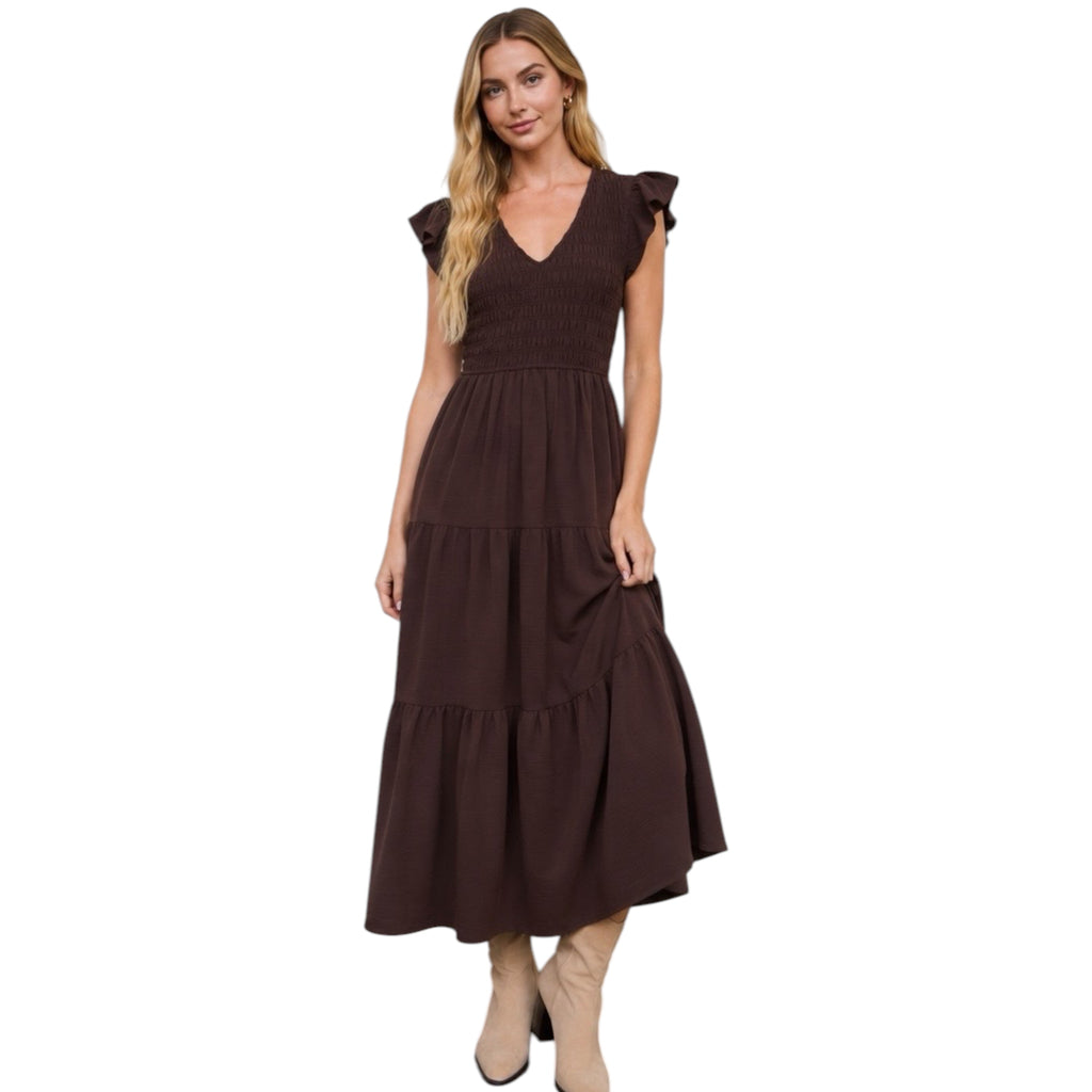 Choco Brown Flutter Sleeve V Neck Smock Midi Dress
