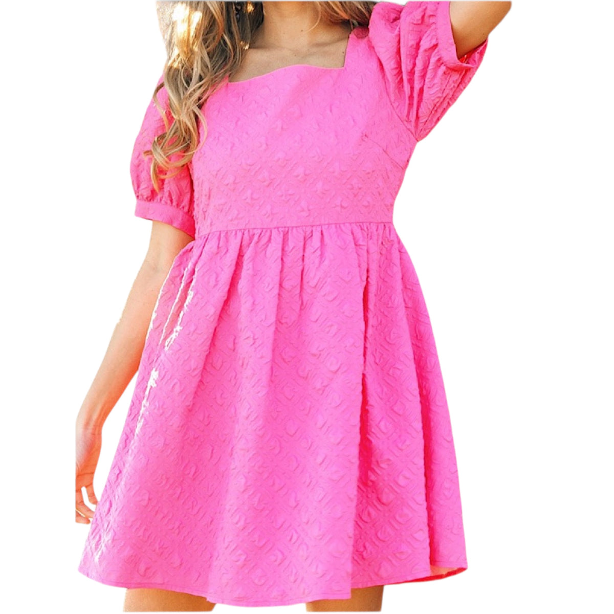 Fuchsia Mosaic Textured Short Puff Sleeve Square Neck Dress