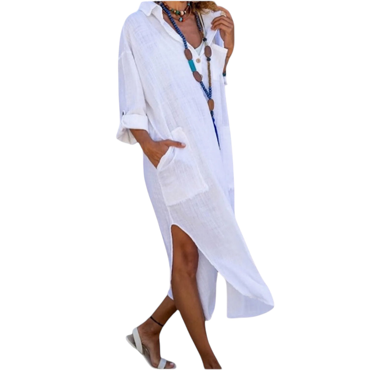 White Cotton Beachy Button-Down Slit Shirt Dress