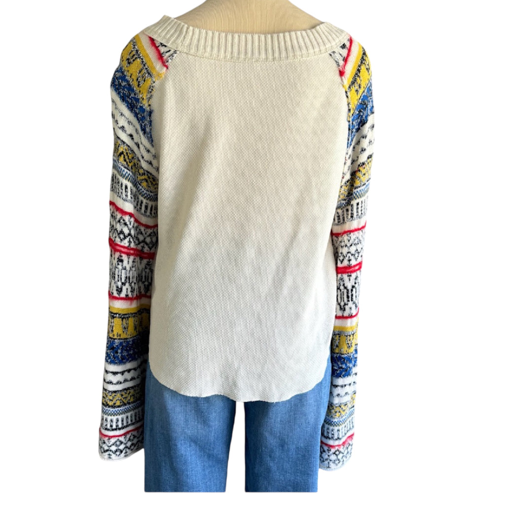 Free People White Sweater with Multi Color Bell Sleeves Size XL-RF