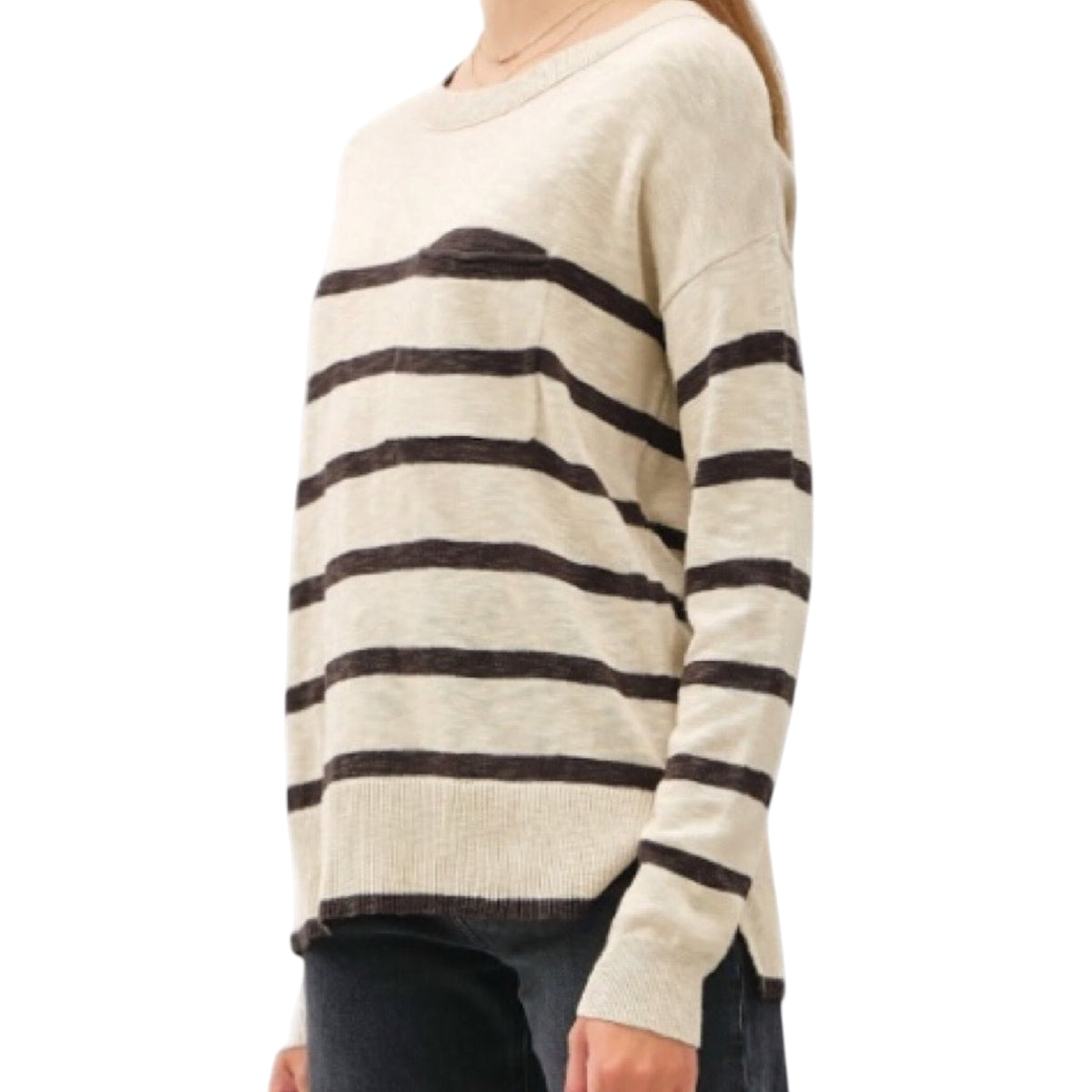 Natural Striped Slub Yarn Round Neck Sweater