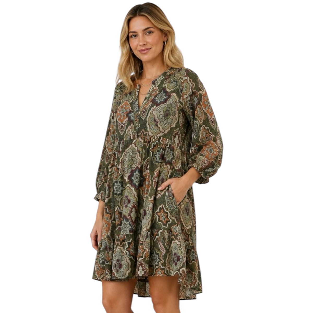 Olive Mix Boho Medallion Print Tiered Dress