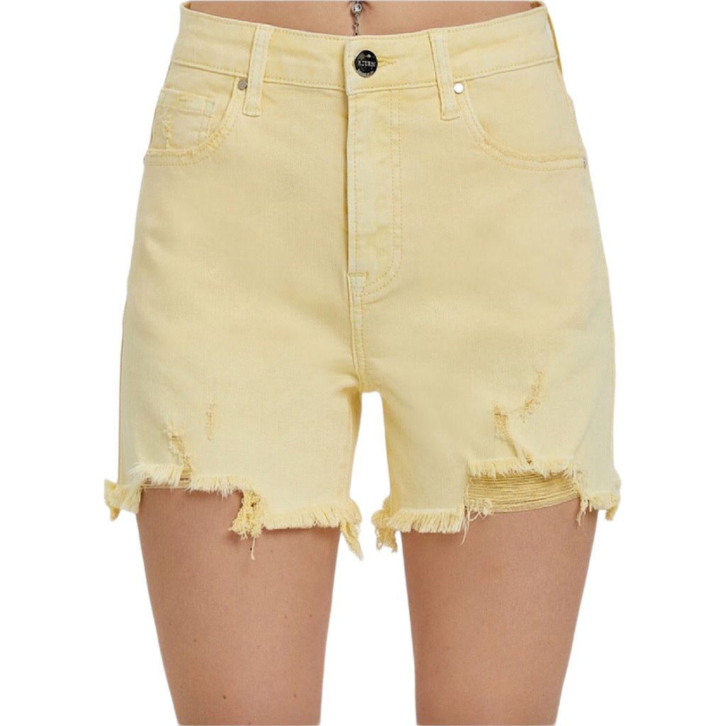 Risen Pale Yellow High Rise Distressed Shorts RDS1335