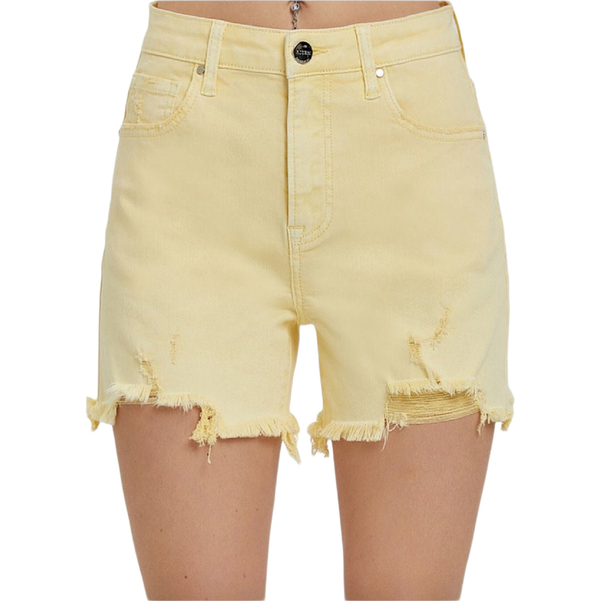 Risen Pale Yellow High Rise Distressed Shorts RDS1335