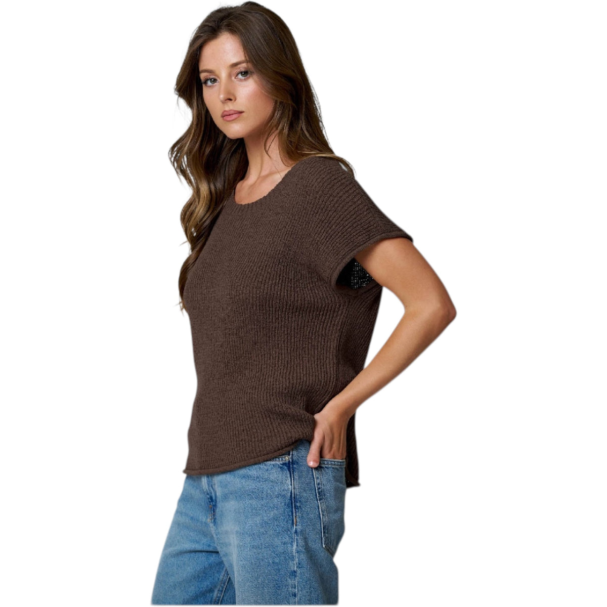 Chocolate Brown Relaxed Cap Sleeve Sweater Top