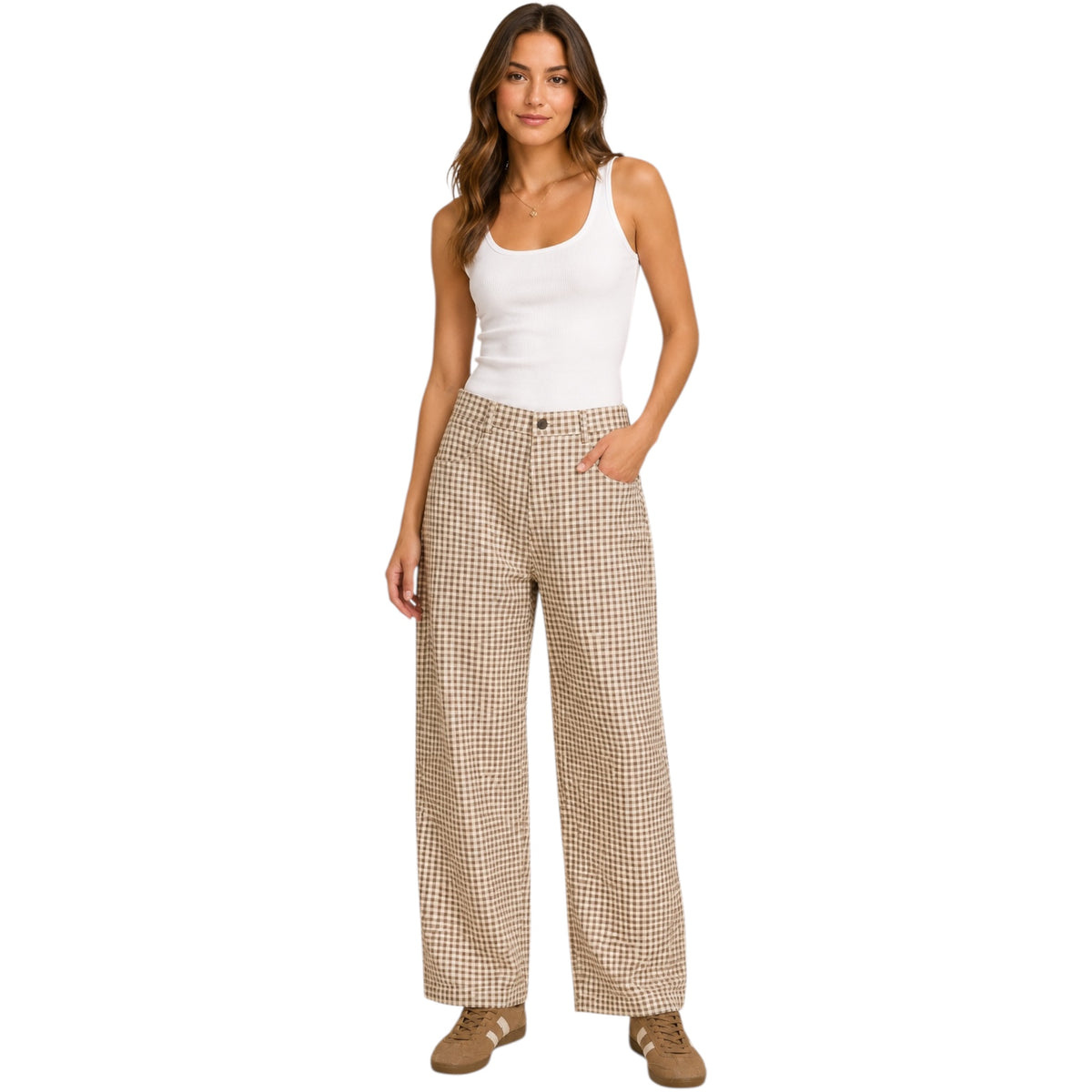 Taupe Gingham Barrel Pants