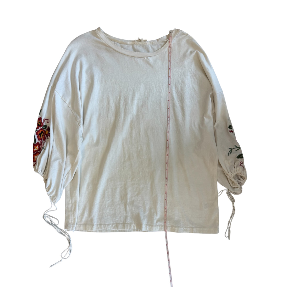 Cotton Bleu White Embroidered Floral Sleeve Top Size Small - RF