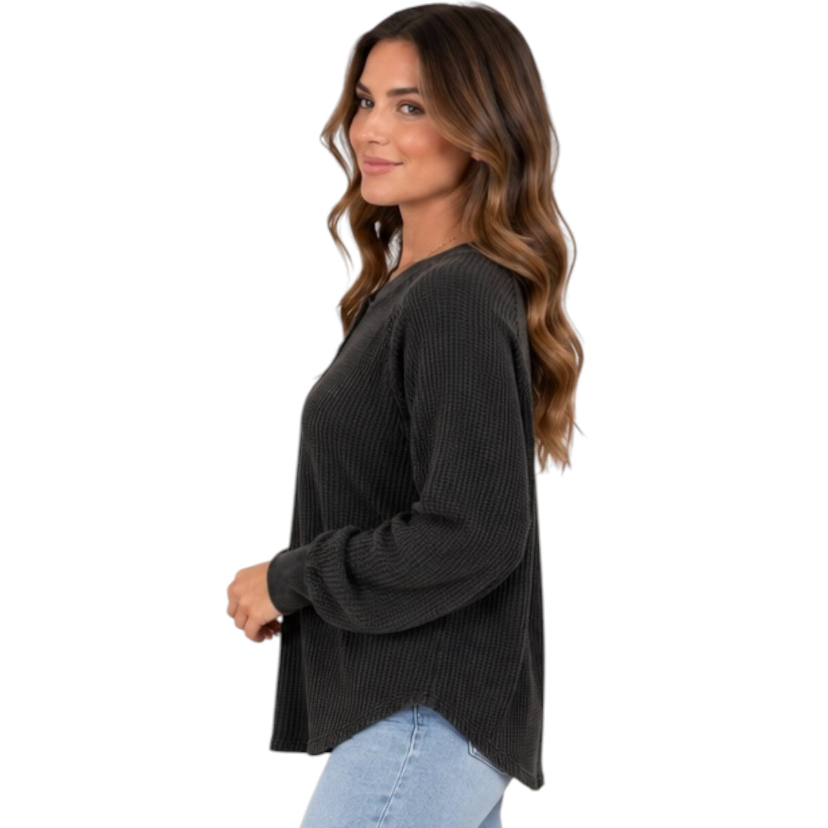 Black Mineral Washed Henley Waffle Knit Top