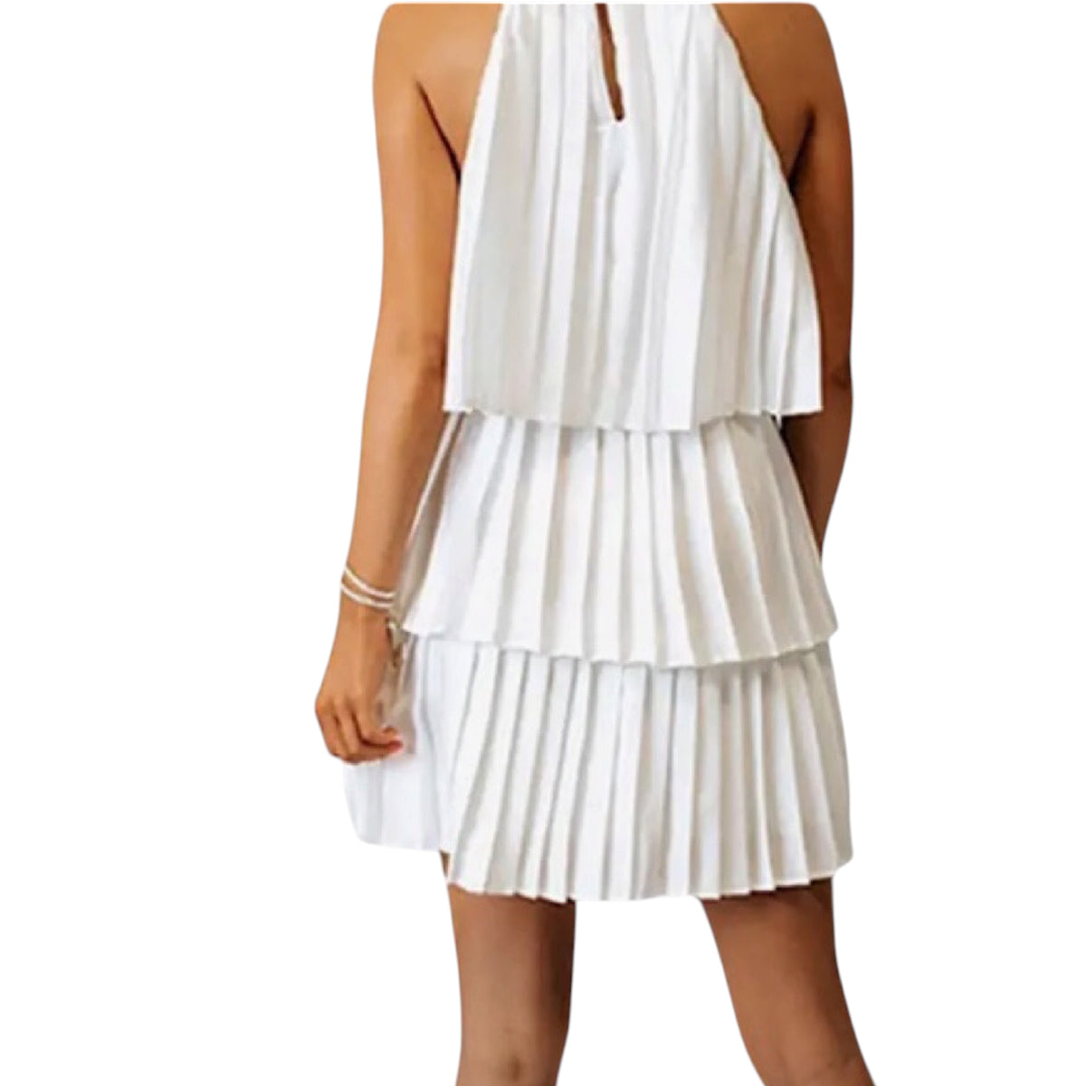 White Casual Solid Fold Pleated Halter Dress