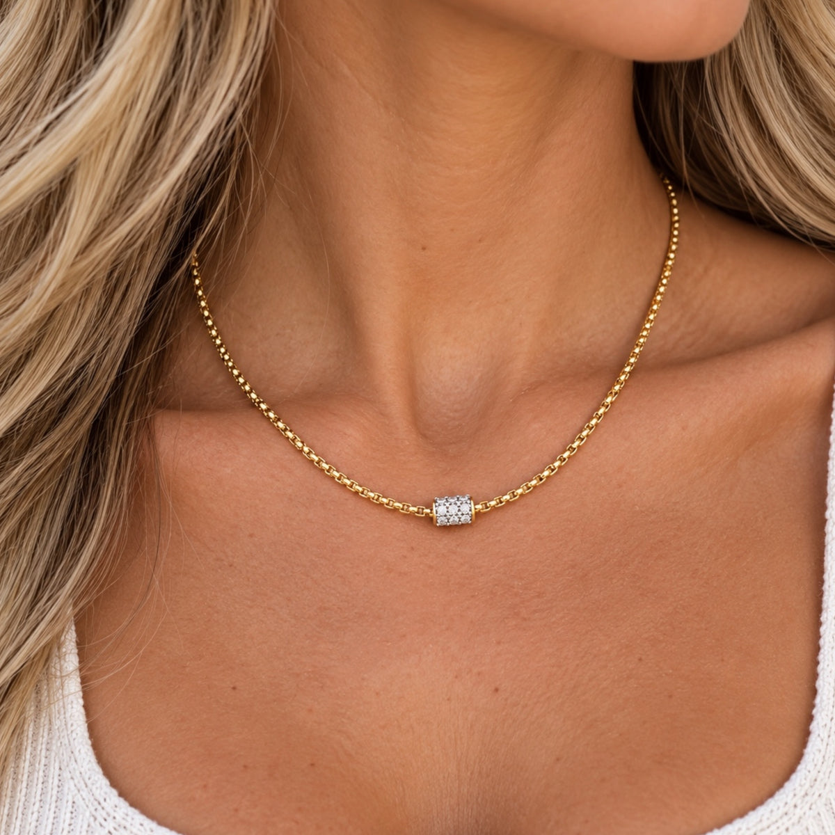 MX 14K Gold Plated Box Chain Barrel Pendant Necklace