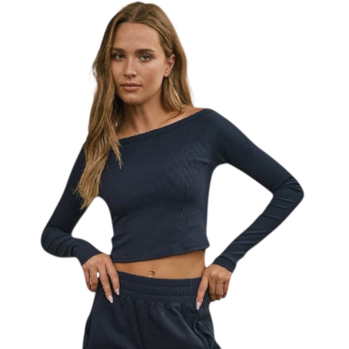 Navy Off Shoulder Long Sleeve Crop Knit Top