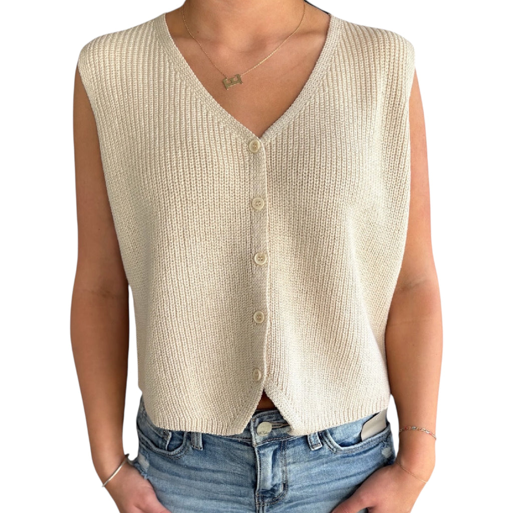 Beige V-Neck Sleeveless Buttoned Sweater Vest