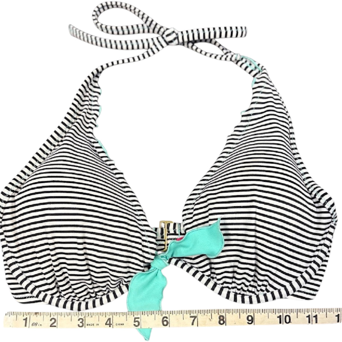 Victoria's Secret Black & White Stripe Bikini Top with Turquoise Bow Size 32DD-RF
