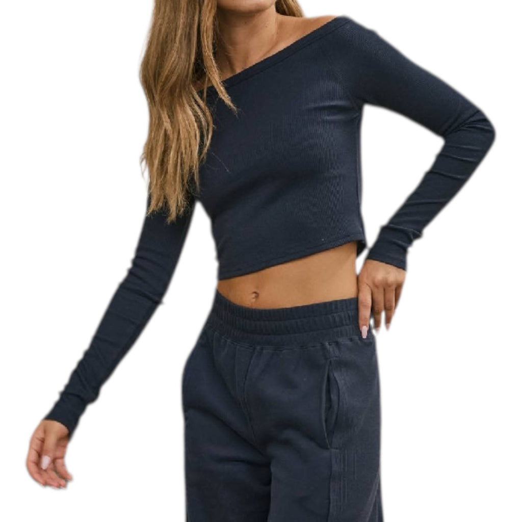 Navy Off Shoulder Long Sleeve Crop Knit Top