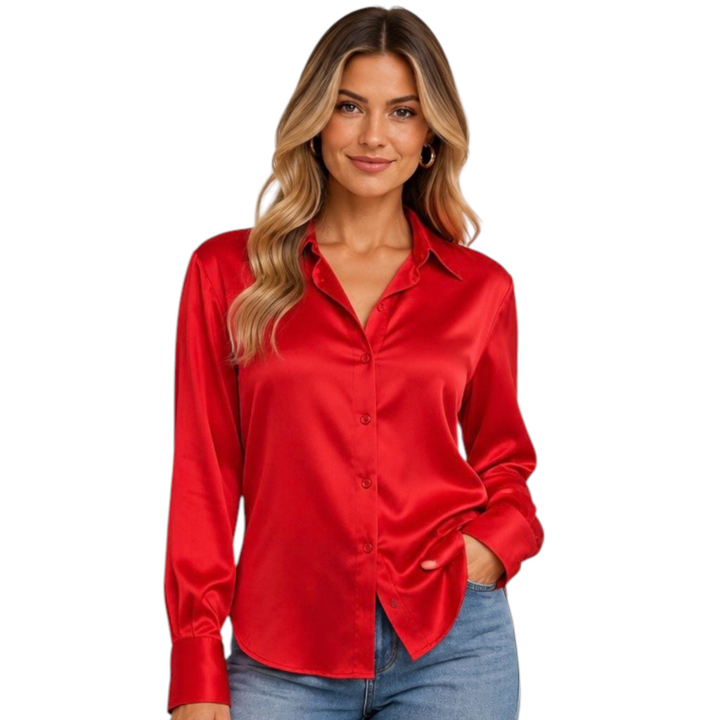 Red Silky Satin Button-Down Blouse