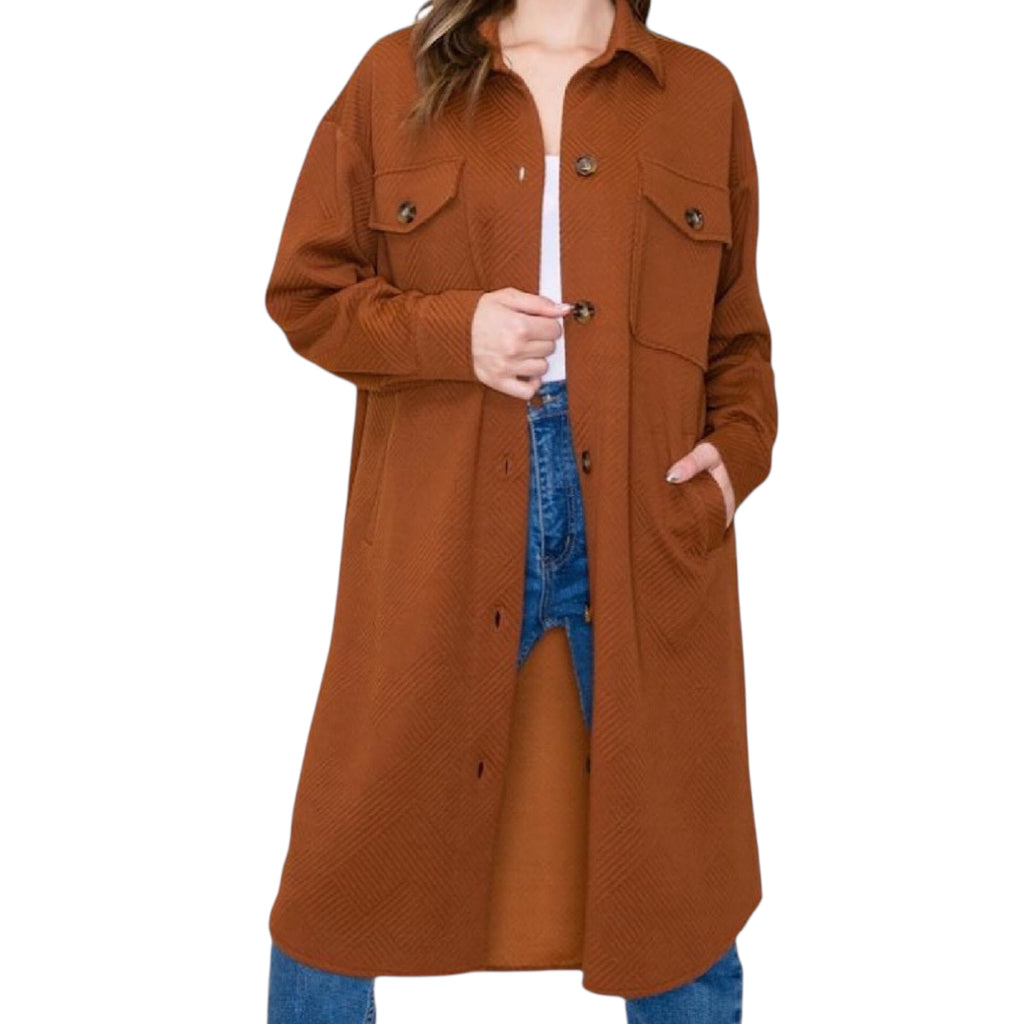 Copper Collared Button Down Long Jacket with Double Chest Pockets