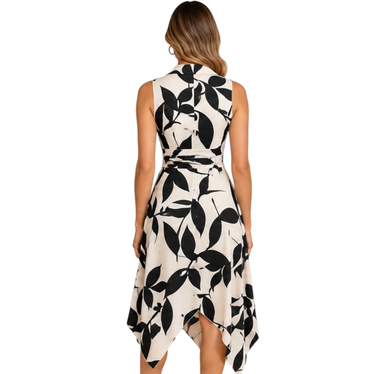 Black Chic Leaf Print Crisscross Sleeveless Midi Dress