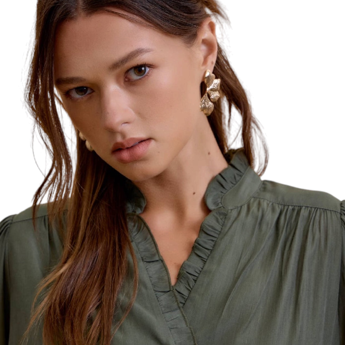 Pine Ruffled Mini Shirt Dress