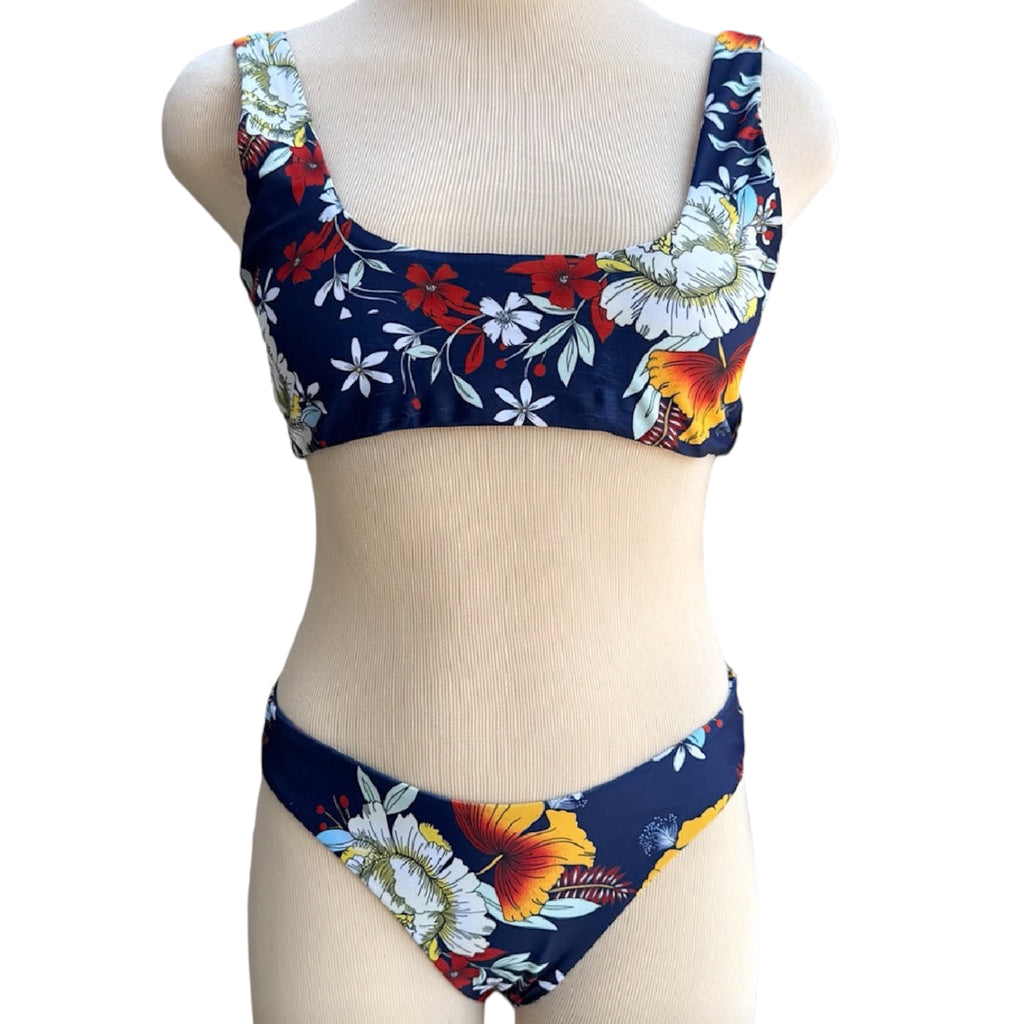 Zaful Navy Floral Two-Piece Bikini Set Size M-RF