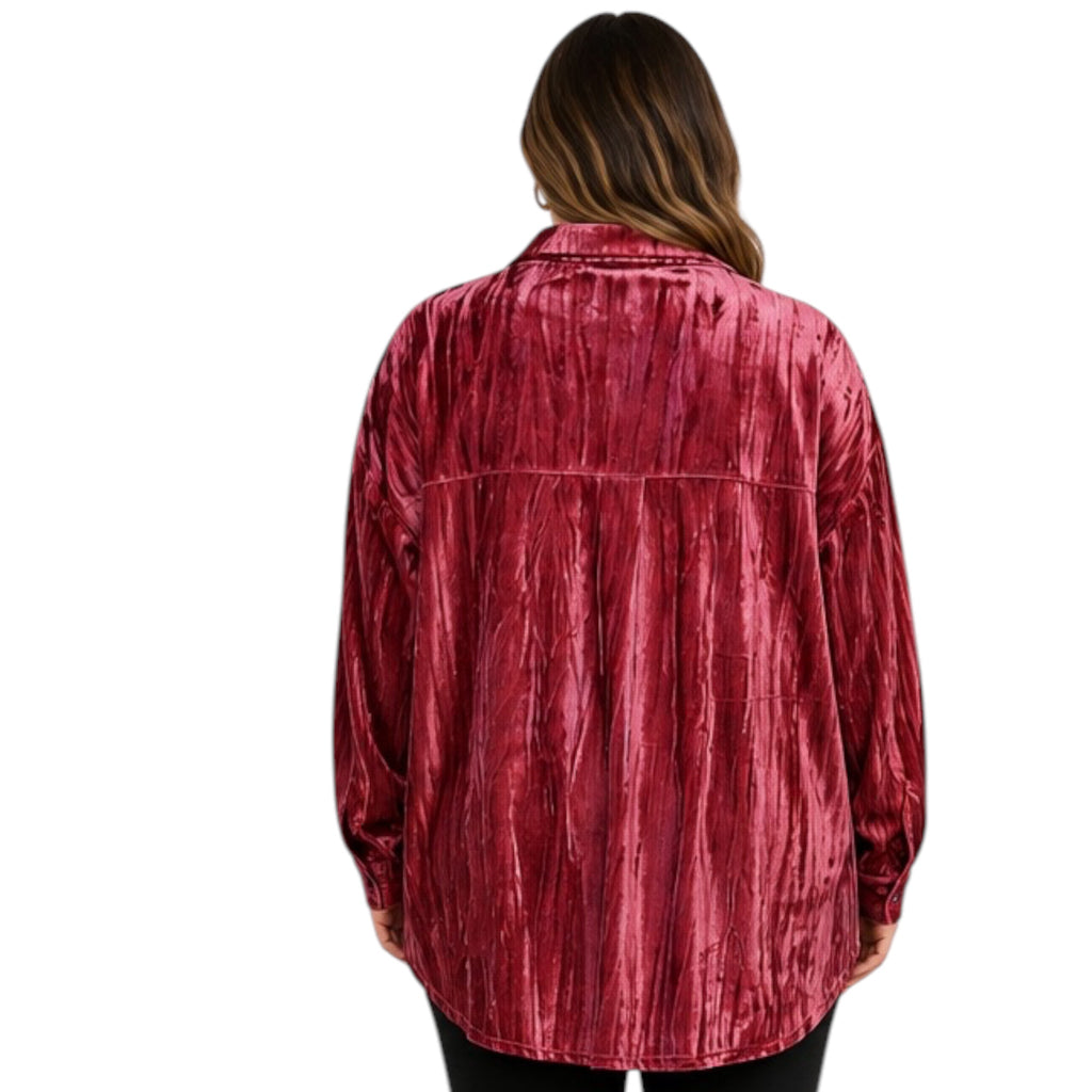 Plus Indian Pink Crinkled Velvet Button Front Top