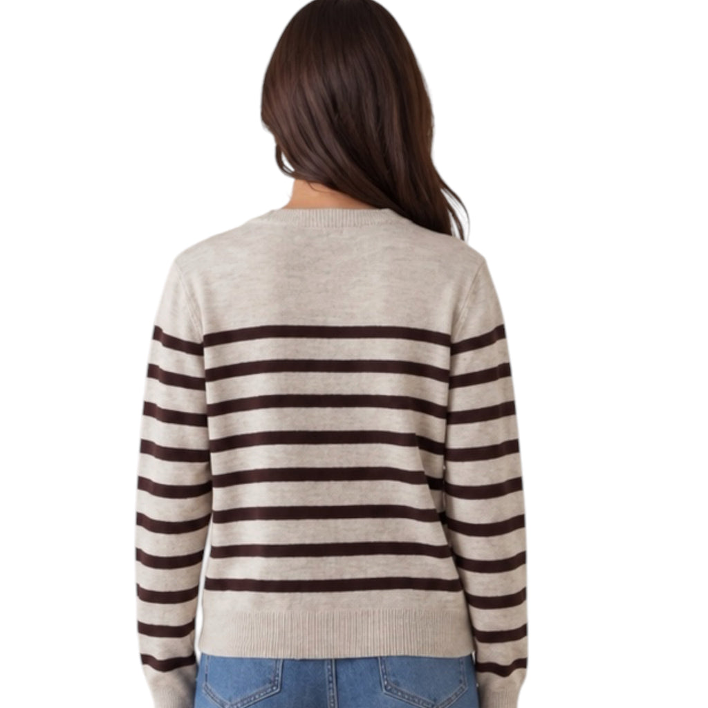 Oatmeal/Brown Long Sleeve Crew Neck Sweater