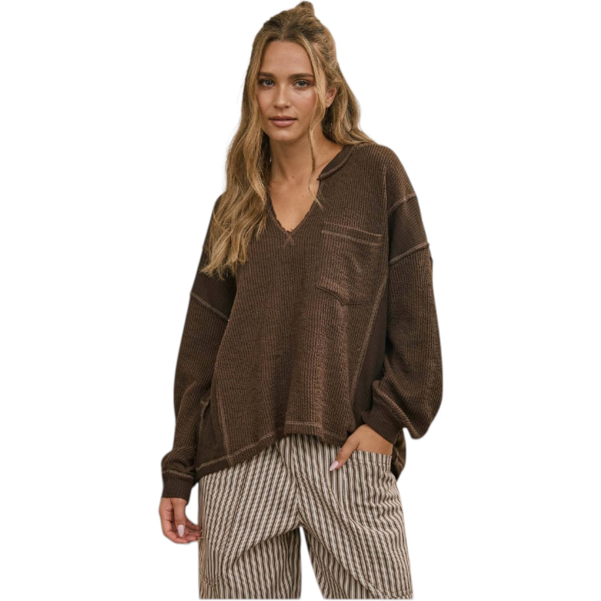 Chocolate Brown Split Neck Long Sleeve Top