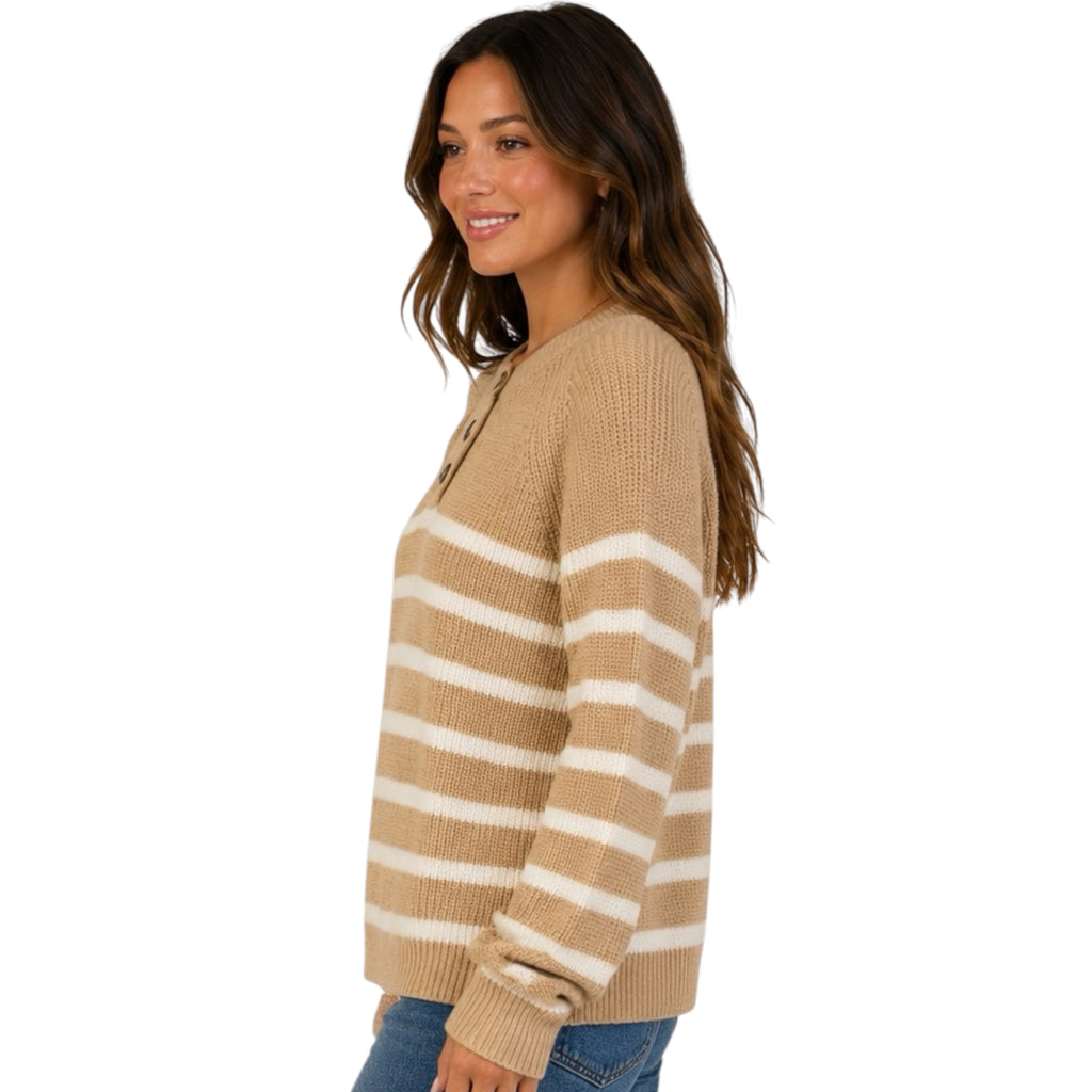 Cream/Taupe Striped Henley Sweater