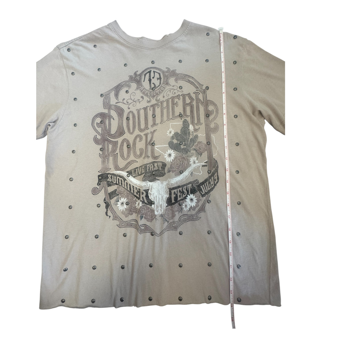 Affliction Khaki Summer Fest Graphic Tee Size Small -RF