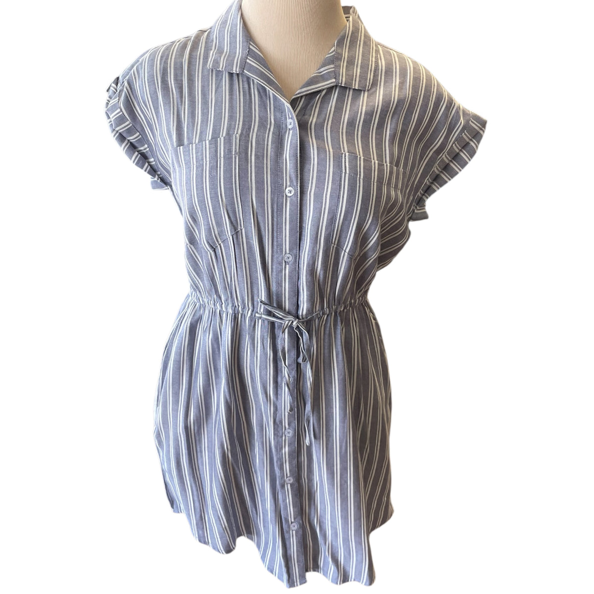 Japna Dusty Blue & White Striped Button Front Mini Dress Size M - RF