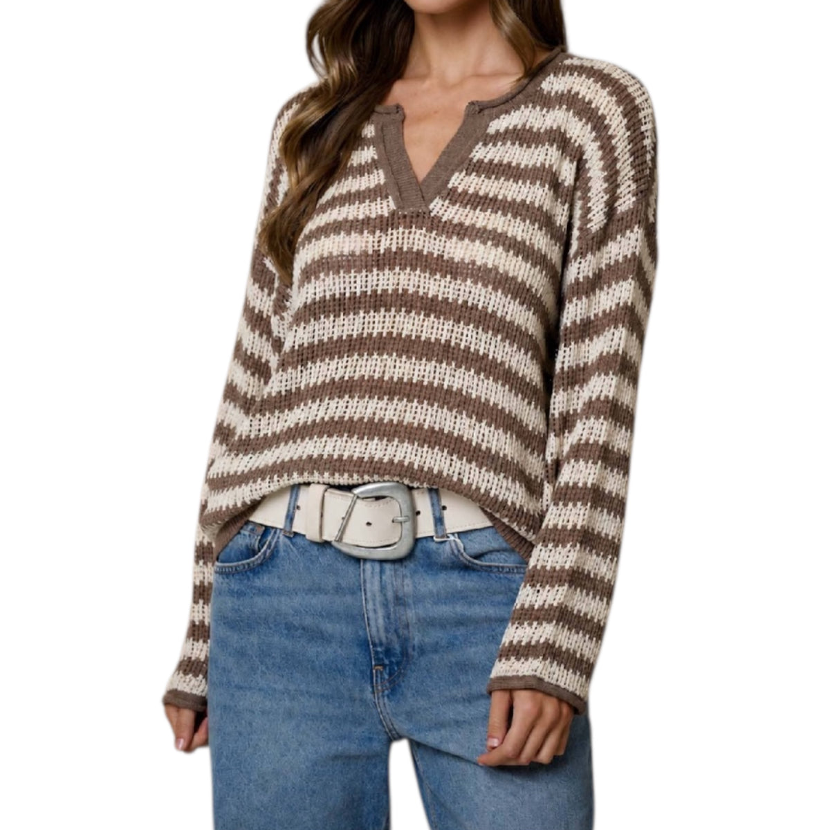 Mocha Stripe Split Neck Sheer Knit Sweater