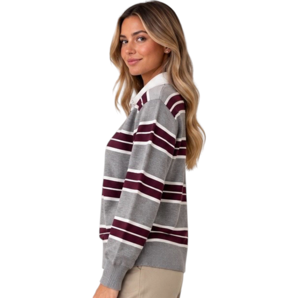 Heather Grey Stripe Collared Sweater