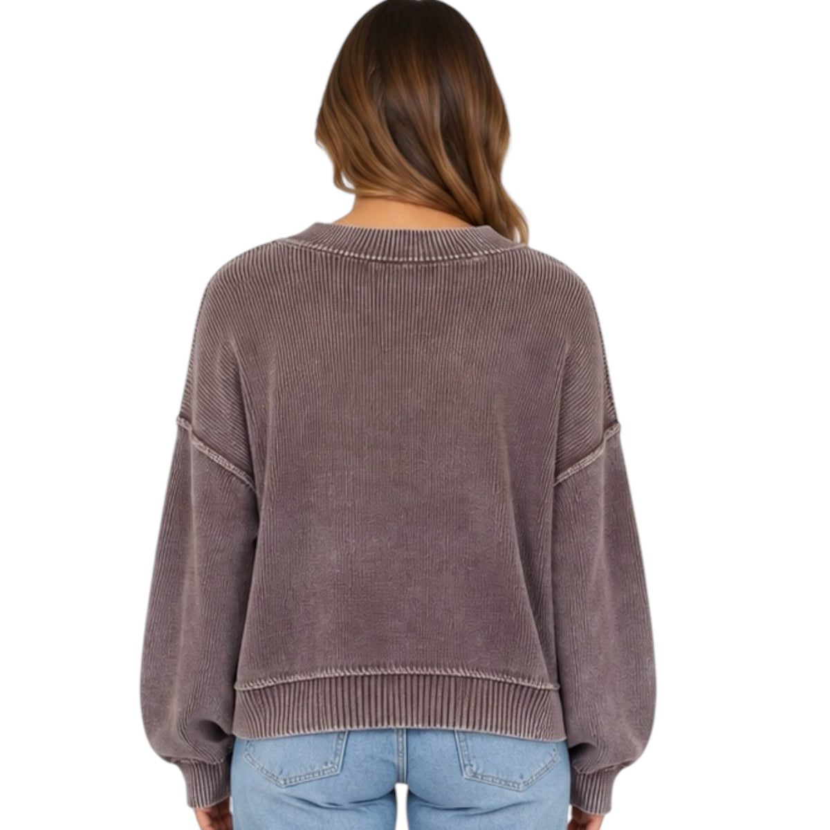Plum Washed Mock Neck Long Sleeve Knit Pullover Sweater