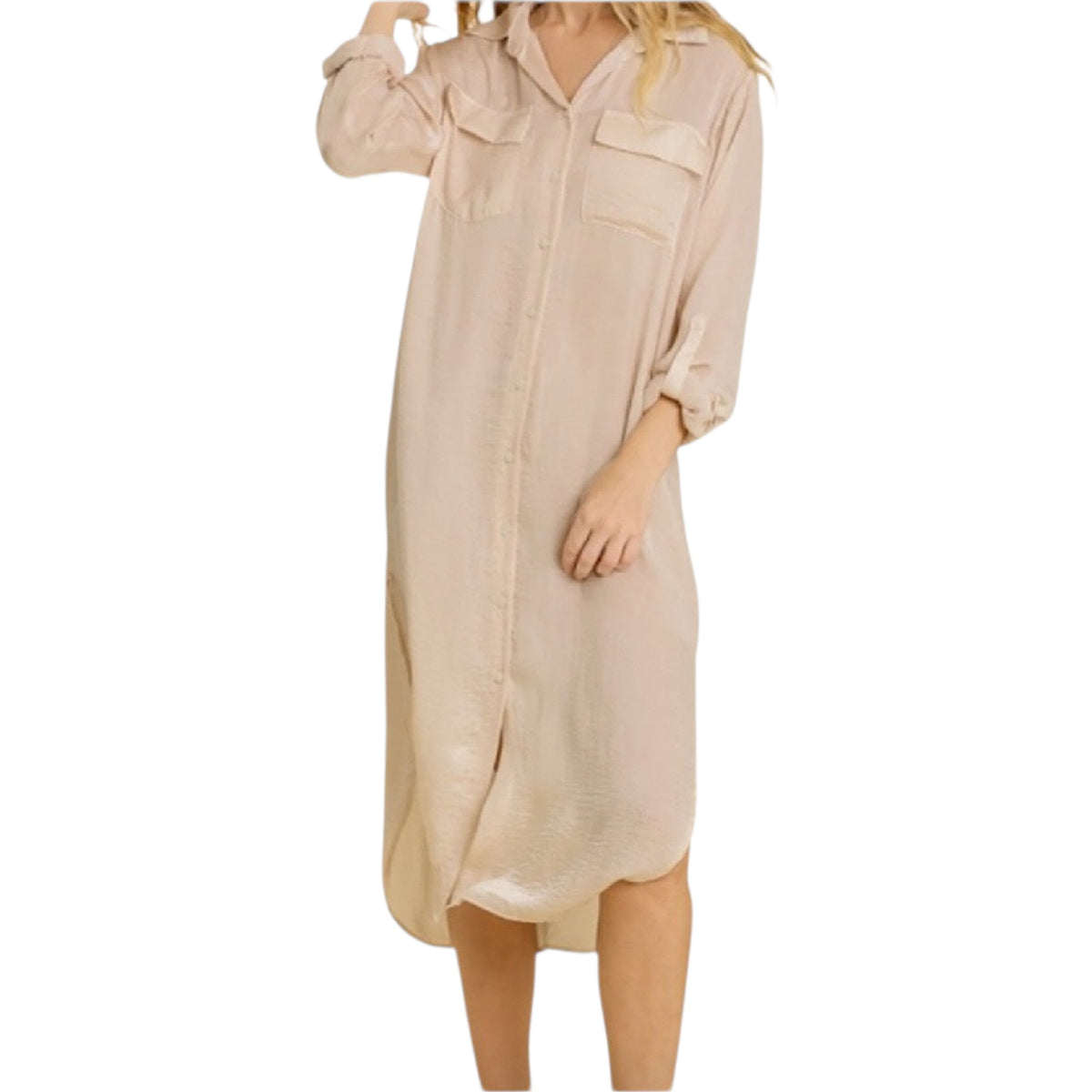 Champagne Satin Button Down Midi Dress