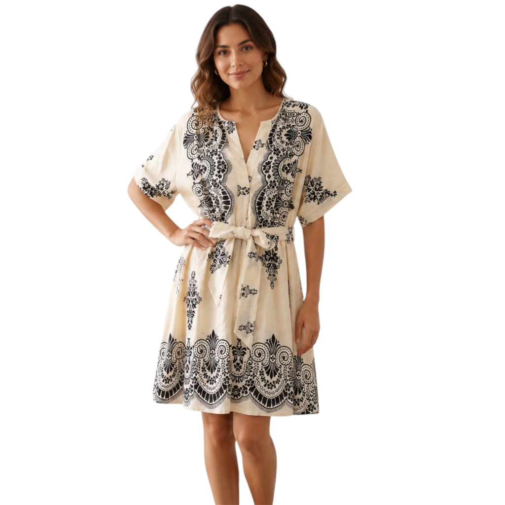 Cream Split Neck Boho Mini Dress 