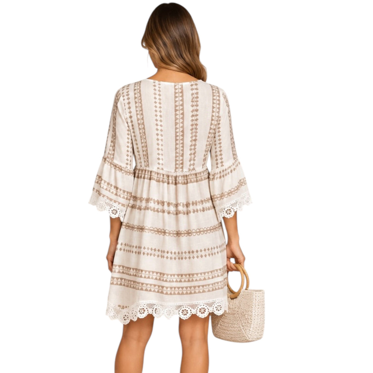 Coffee Boho Printed V-Neck Crochet Lace Mini Dress