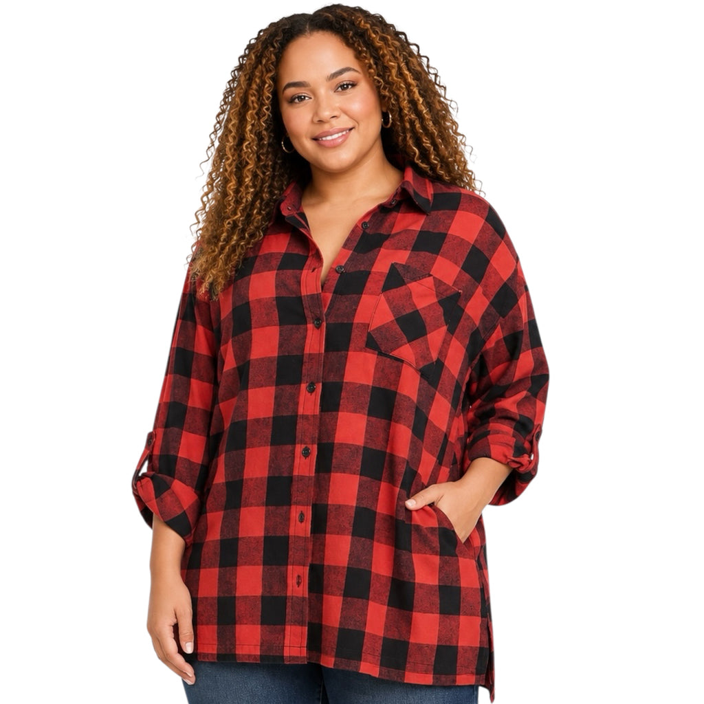 RISEN Plus Red Buffalo Plaid Oversized Shirt XRDJ1163